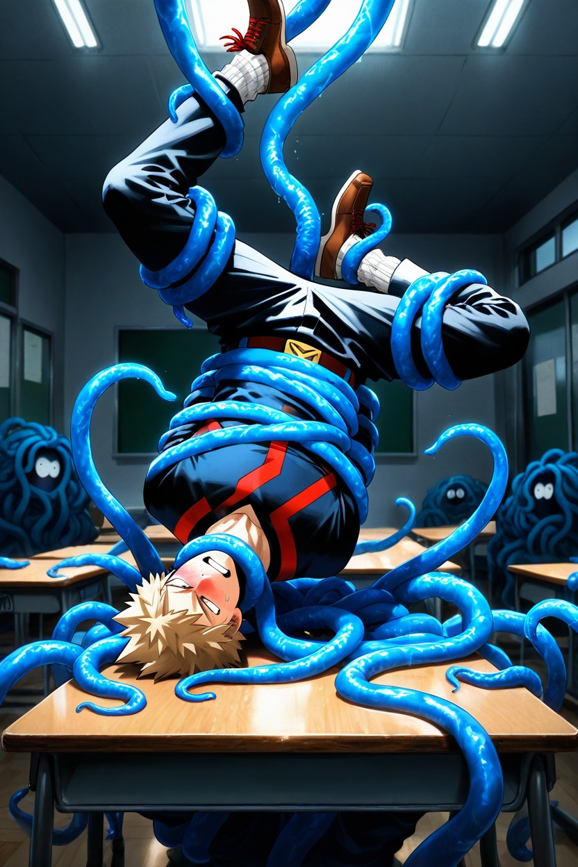 On College Desks, Legs Spread Out By Blue Tentacles, Front View AI同性戀黃片