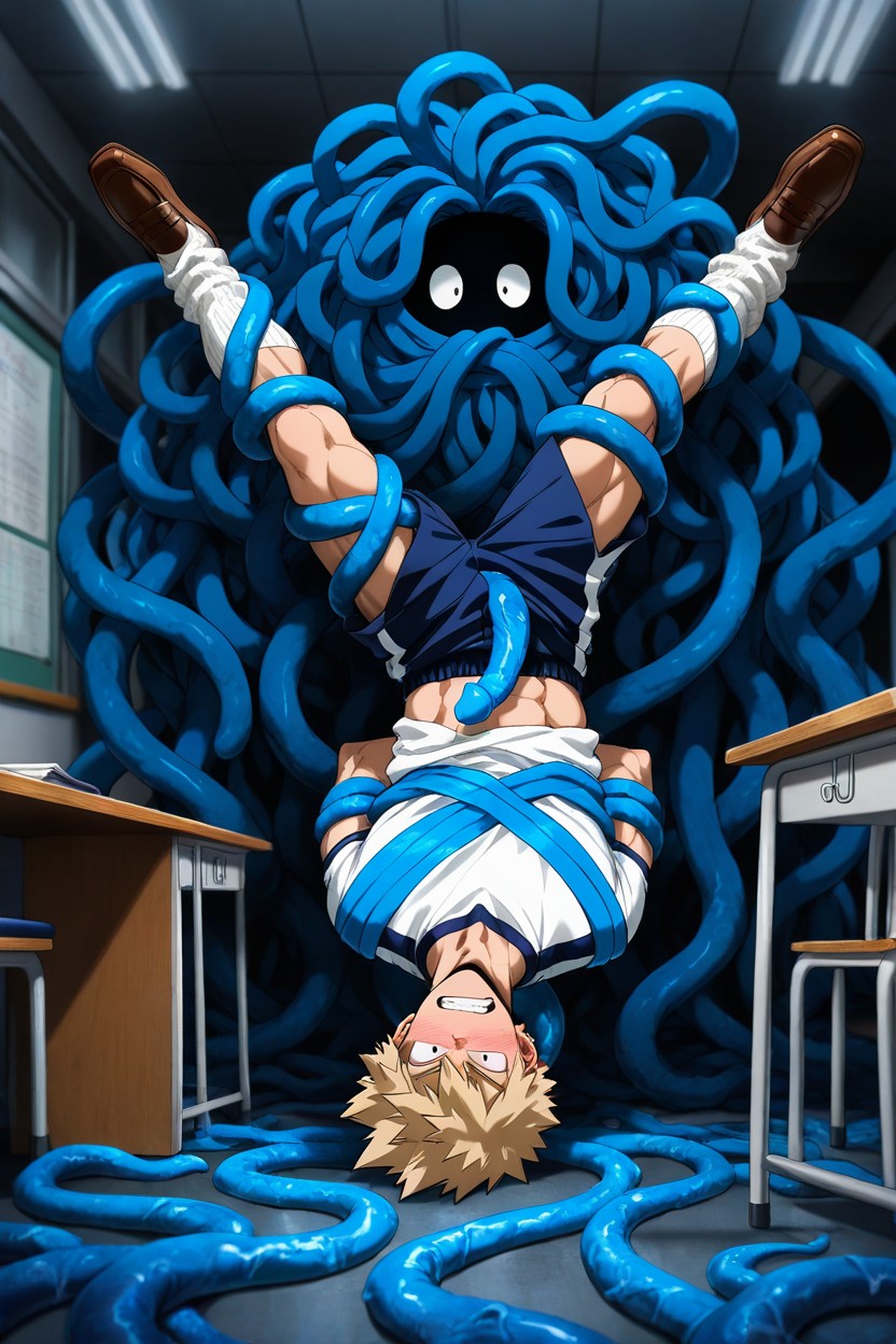 Held Upside Down, Legs Spread Out By Blue Tentacles, On College Desks AI Gay Porn