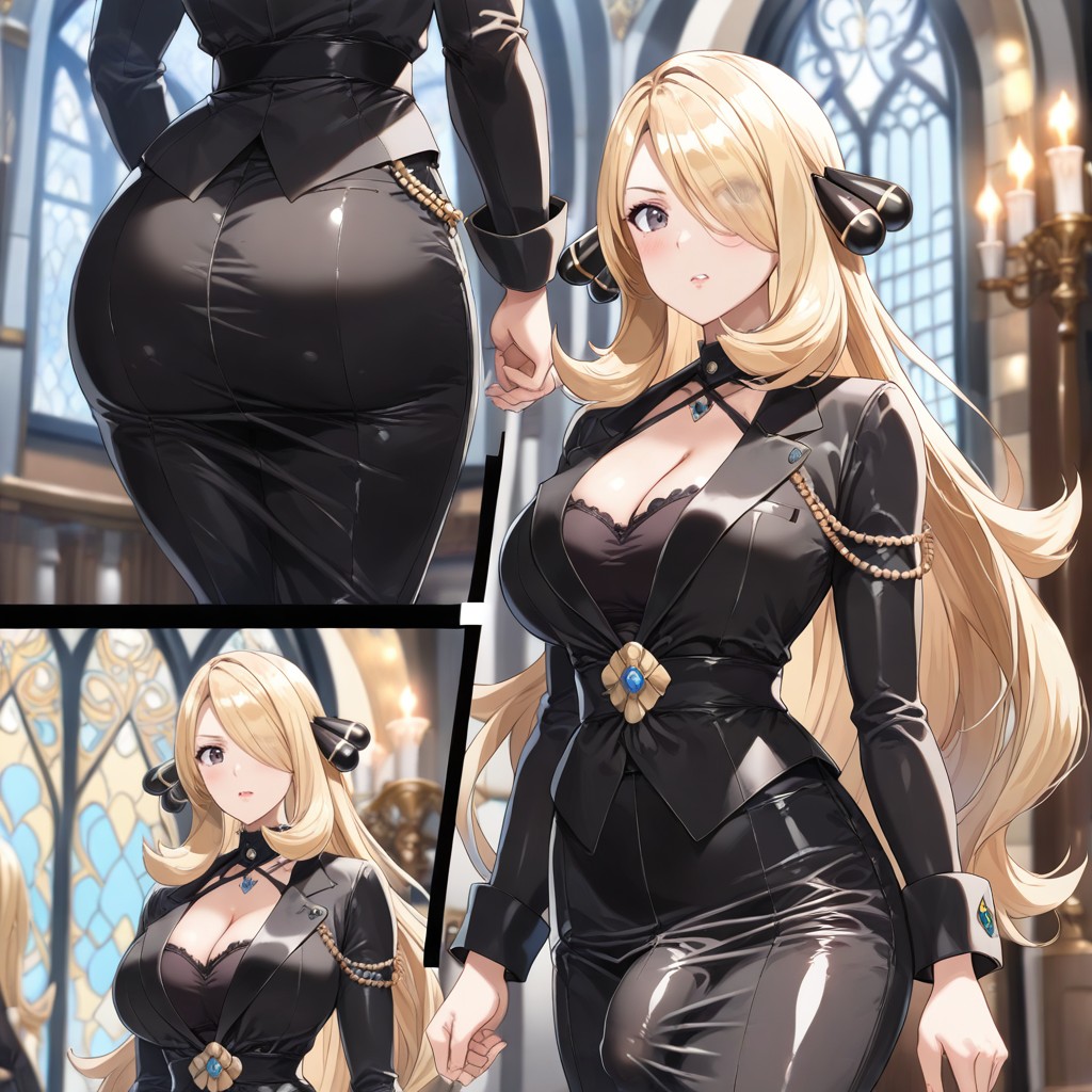 Female, Cynthia From Pokémon Standing In A Glowing Magic Circle, Before And After Futanari Transformation ゲイAIポルノ