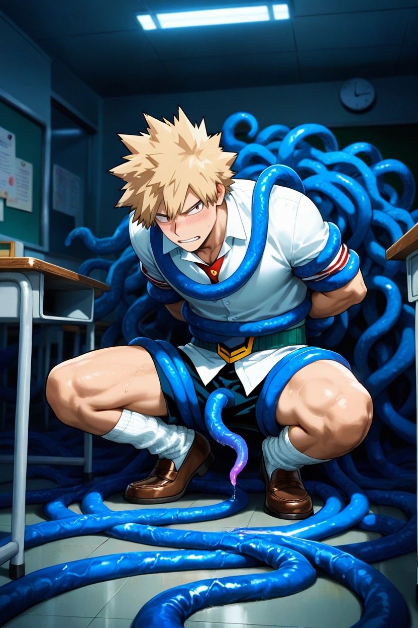 Blue Tentacles Wrapped Around His Arms And Legs, Realistic Lighting, + AI同性戀黃片