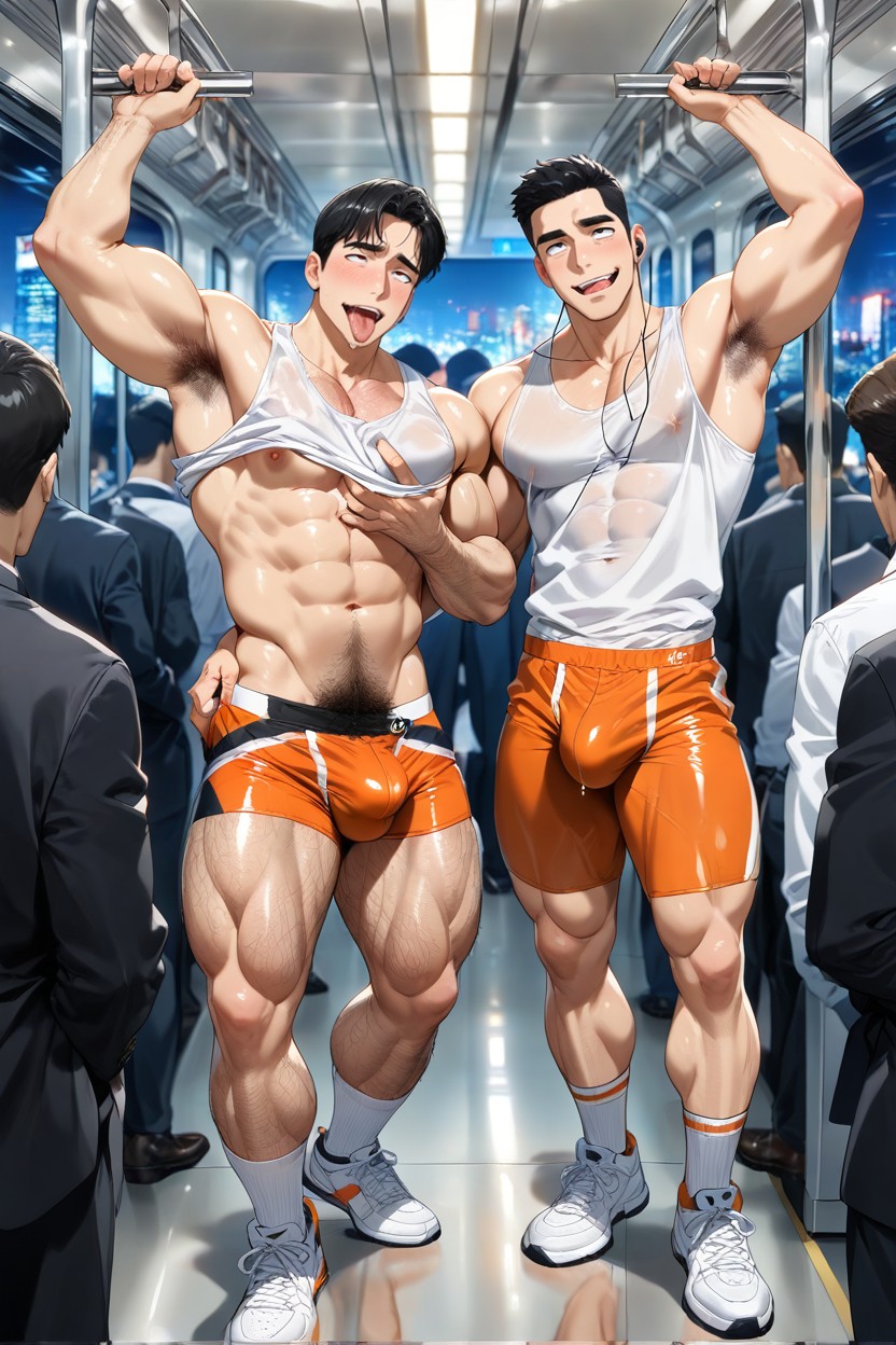 Standing In A Crowded Subway Car, Low Cropped White Muscle Tank, 阿嘿臉 AI同性戀黃片