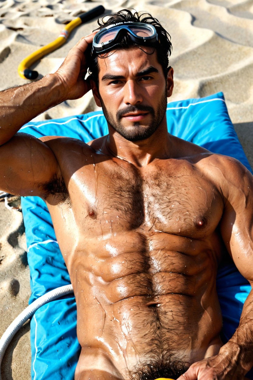 Hunk, Lay Down On The Sand, Hairy Pub AI Gay Porn