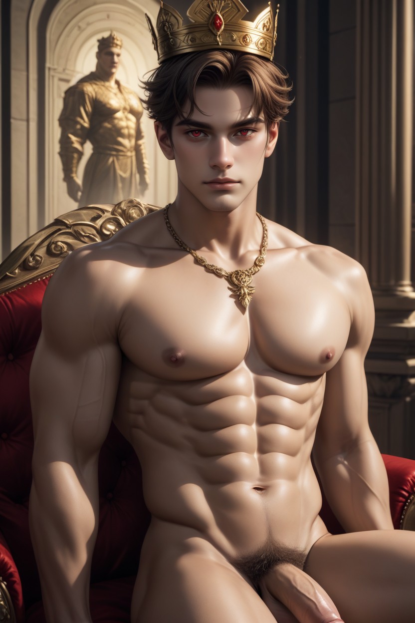 Masculine Beauty, Renaissance Painting Mixed With Art Nouveau And Esoteric Symbolism Color Palette Warm Golds, 棕发 AI同性恋黄片
