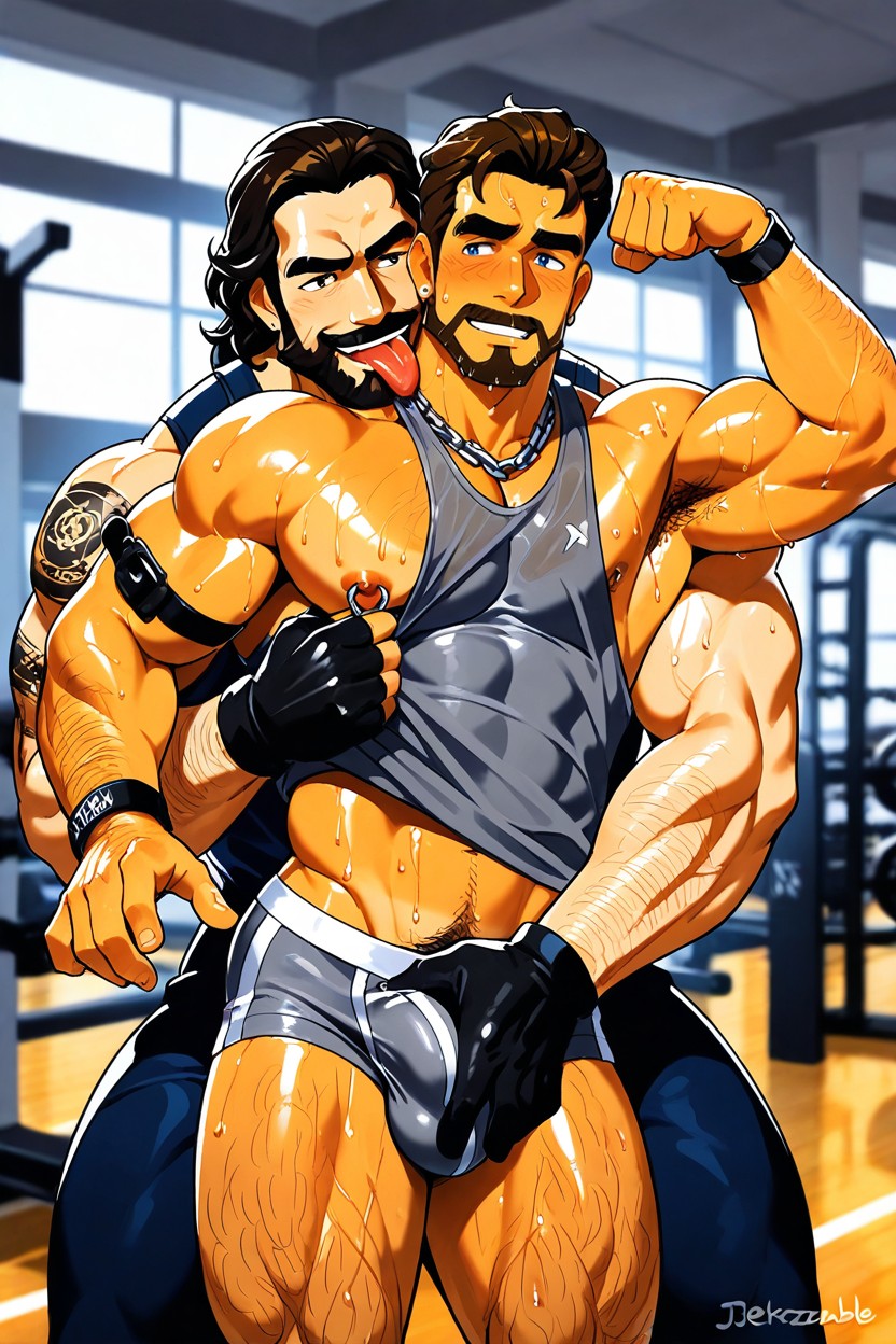 Gray Tanktop Lifting Weight Tonge Out Hairy Armpit, White Joggers, Leather Armbands On Both Arms AI同性恋黄片