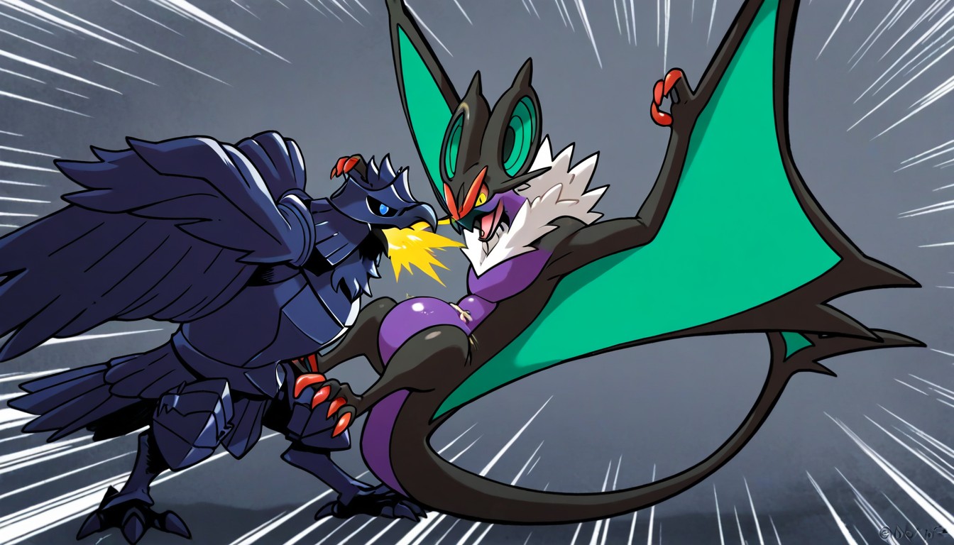 Headbutt, Scared, Corviknight's Head Impacting Noivern's Belly 게이 AI 포르노