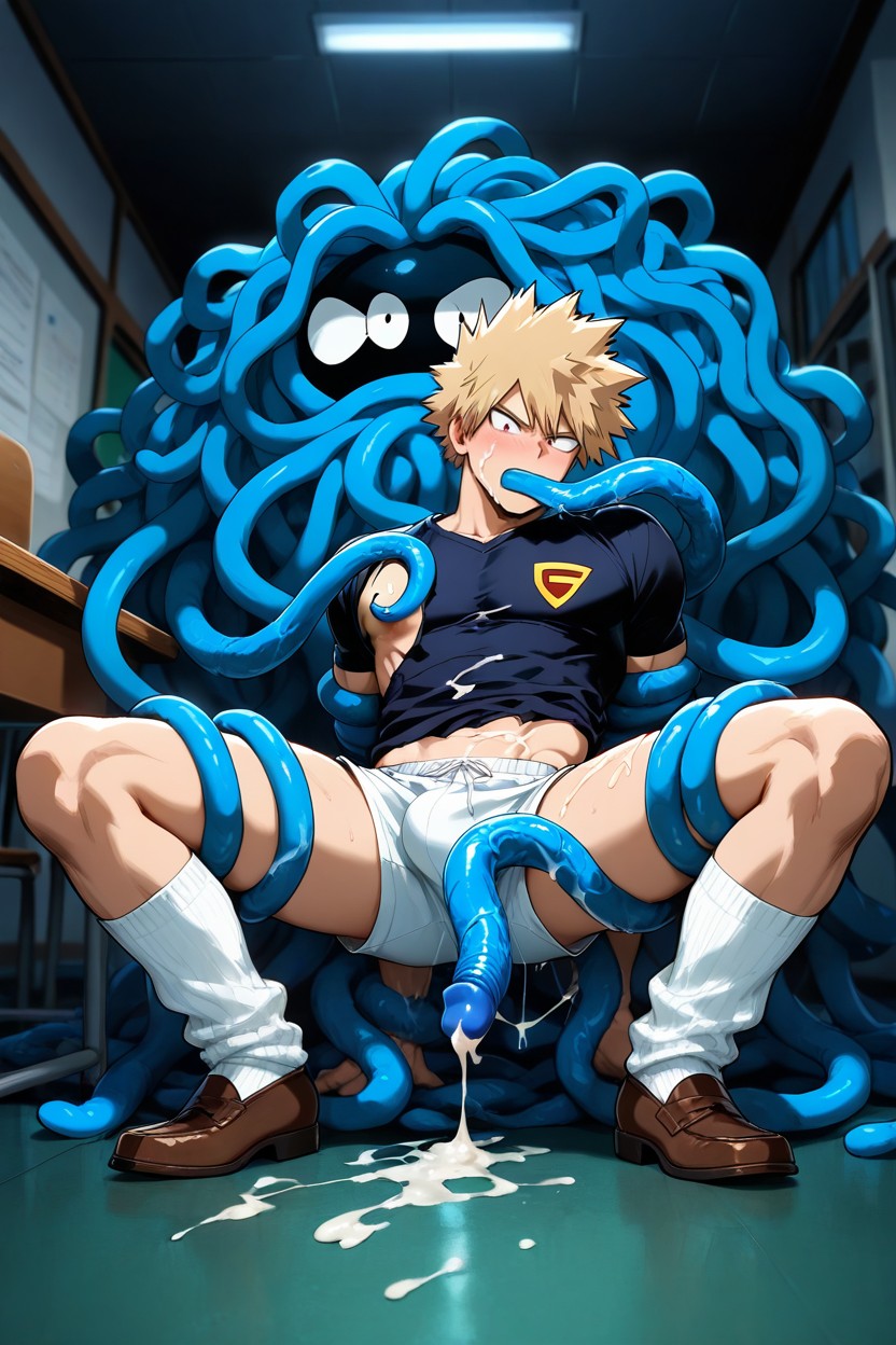 Cum On Floor, Blue Tentacles Tightly Wrapped Around His Arms And Legs, In A World Of Pokemon AI Gay Porn