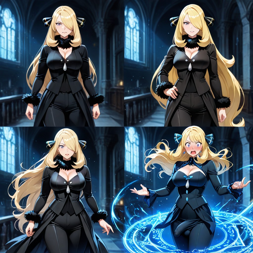 Magical Ribbons Of Light, Floating Magical Particles, Cynthia From Pokémon Standing In A Glowing Magic Circle AI同性戀黃片