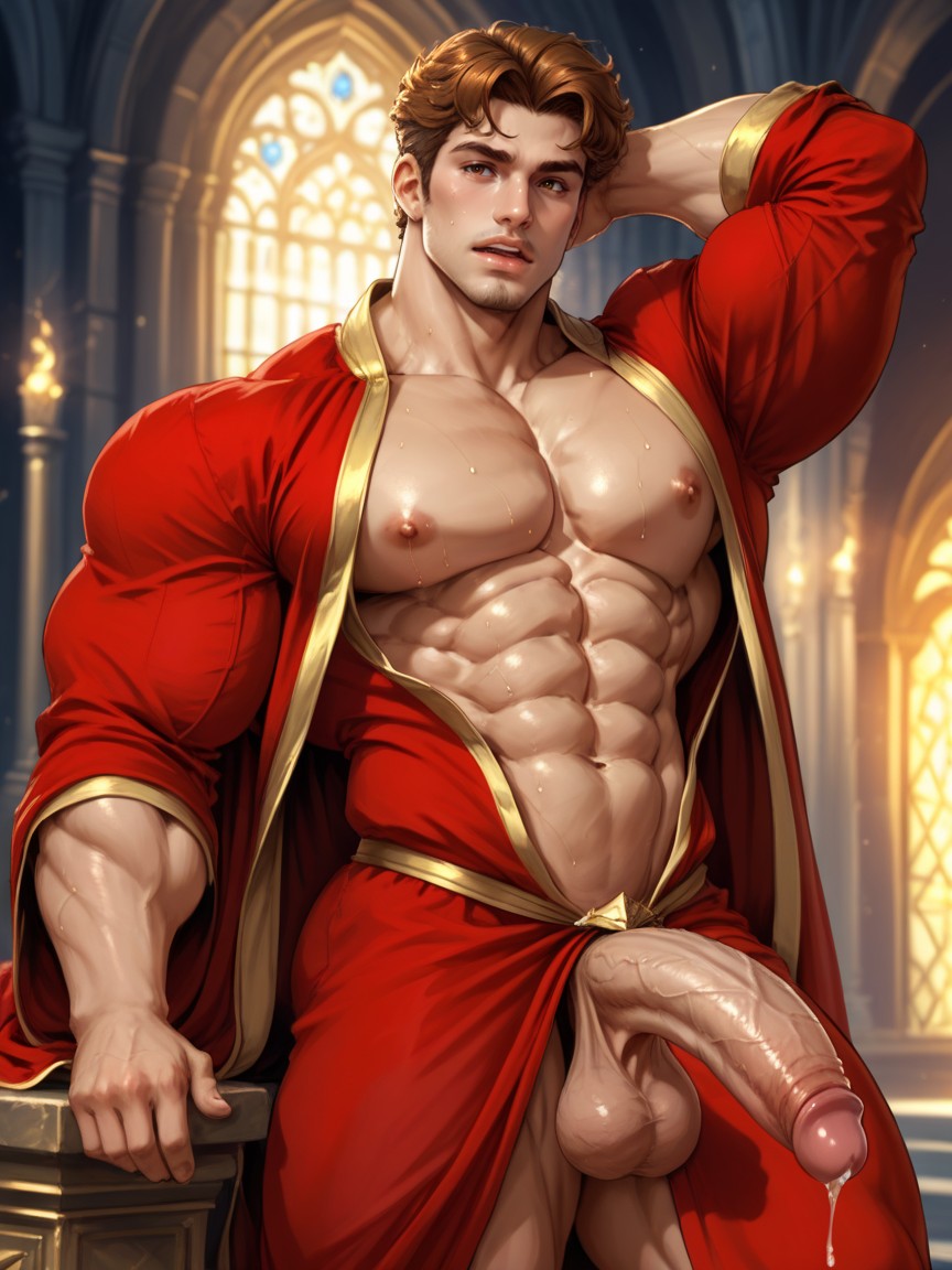 25+, Naked, Royal Ornate Robe Exposing His Upper Body AI Gay Porn