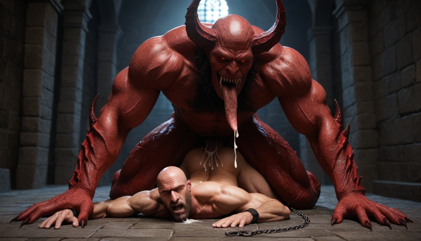 Gay, Evil Face, Giant Terrifying Monster Riding A Satn Diablo Is Much Bigger Than A Man AI Gay Porn