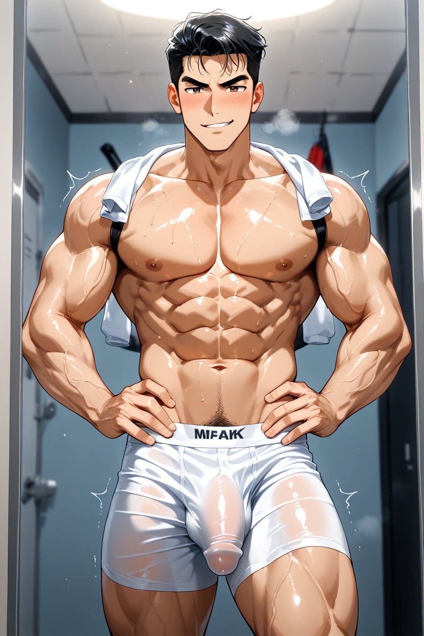 Hands On Hips, Seductive Teasing Mood, Standing Showing Penis Buldge AI Gay Porn