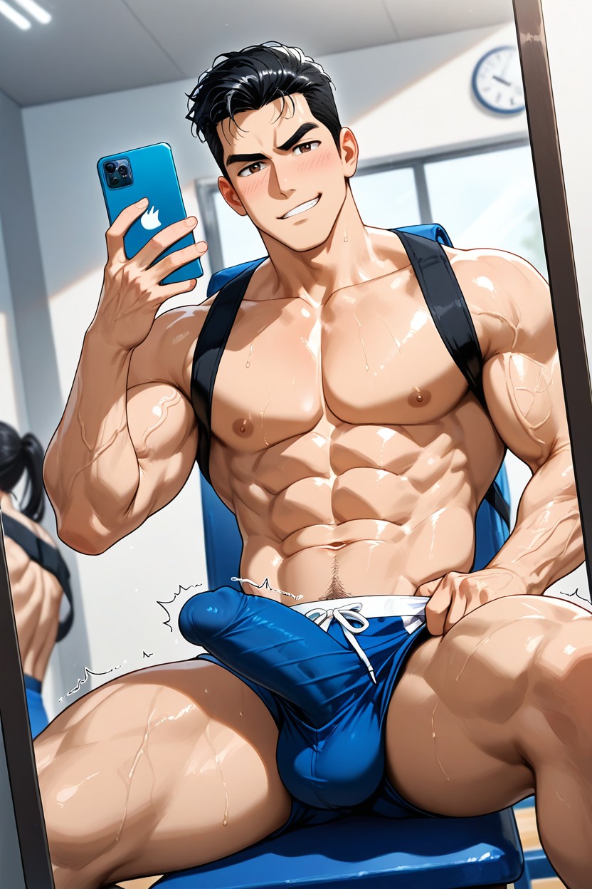 Large Penis Angled Arc Upward To The Left, Abs Veins, Left Hand Flexing Bicep And Kiss Biceps AI Gay Porn