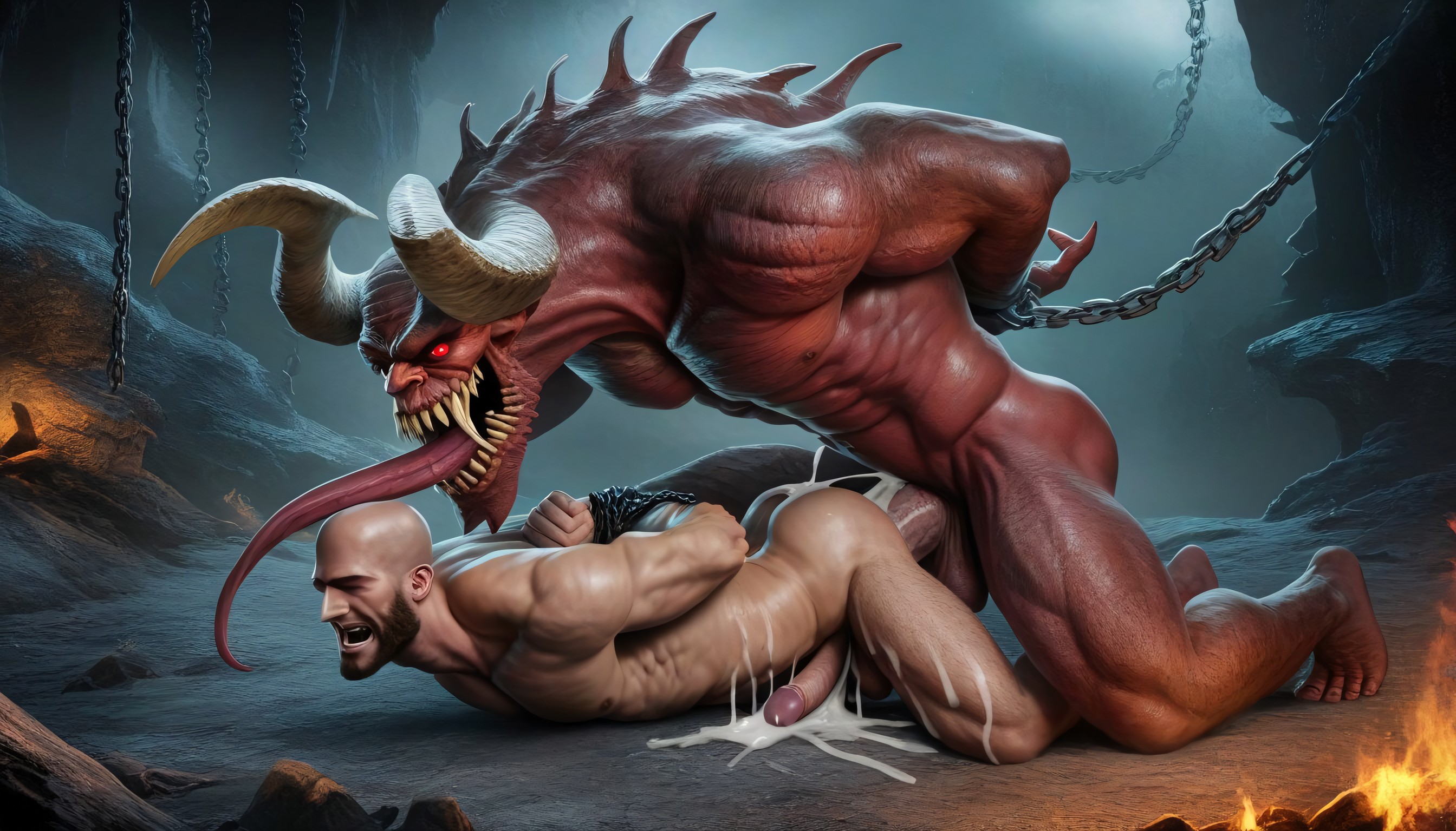 Sweaty Skin, Bald Man Takes Hard Anal Pounding From Red Devil Demon Scary Monster, Huge Cock AI Gay Porn