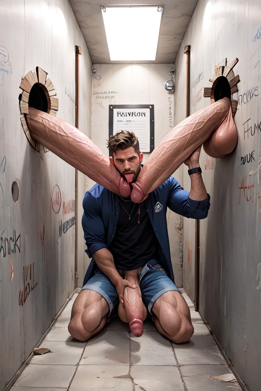 Distinct Seperate Penises, Focus On Giant Penis Coming Out Of Gloryhole In The Wall, Oral AI Gay Porn