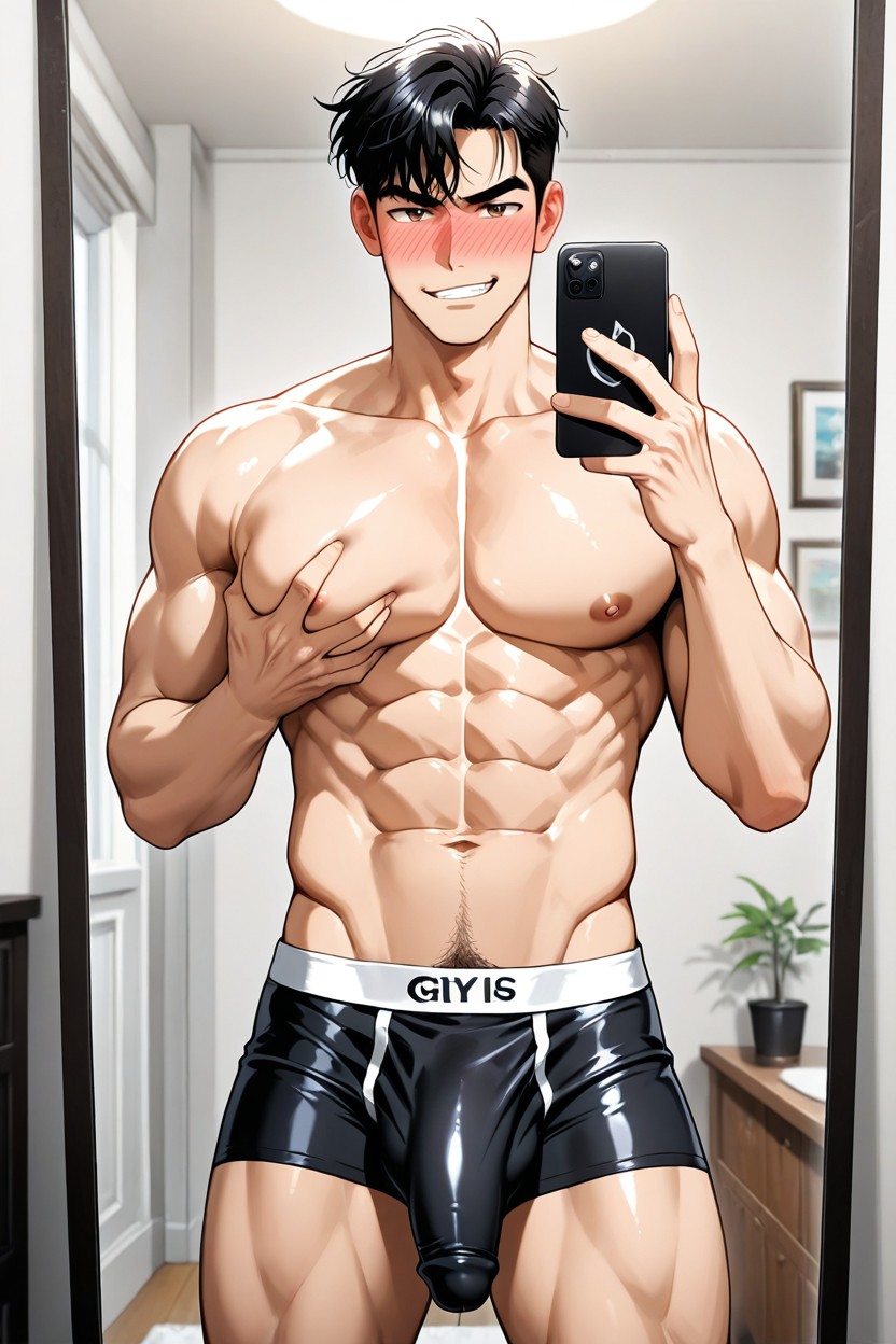 Standing Dominant, Large Penis Bulge Angled To The Left, Front View AI Gay Porn