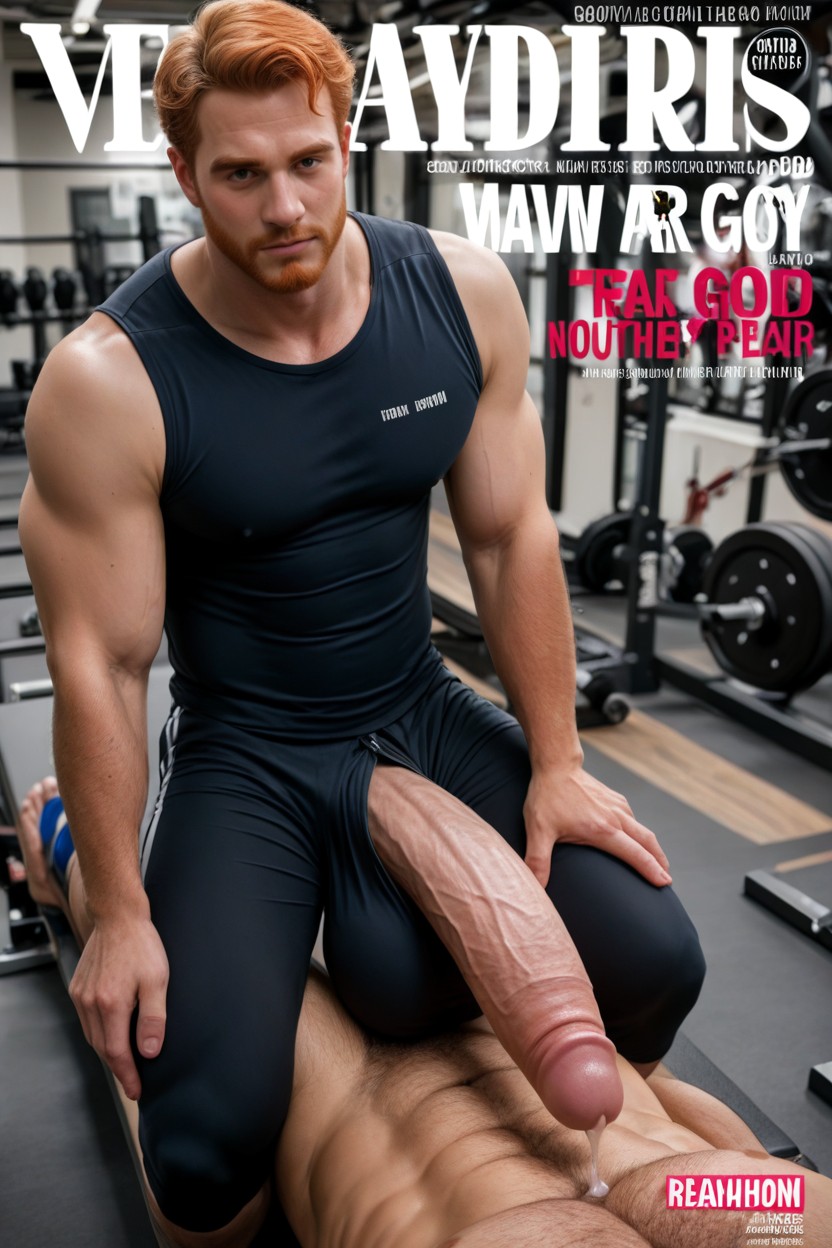 Muscular Man Is Wearing A Compression Shirt But No Pants And No Underpants, 18+, Tip Of The Bulge Is Wet From Precum AI Gay Porn