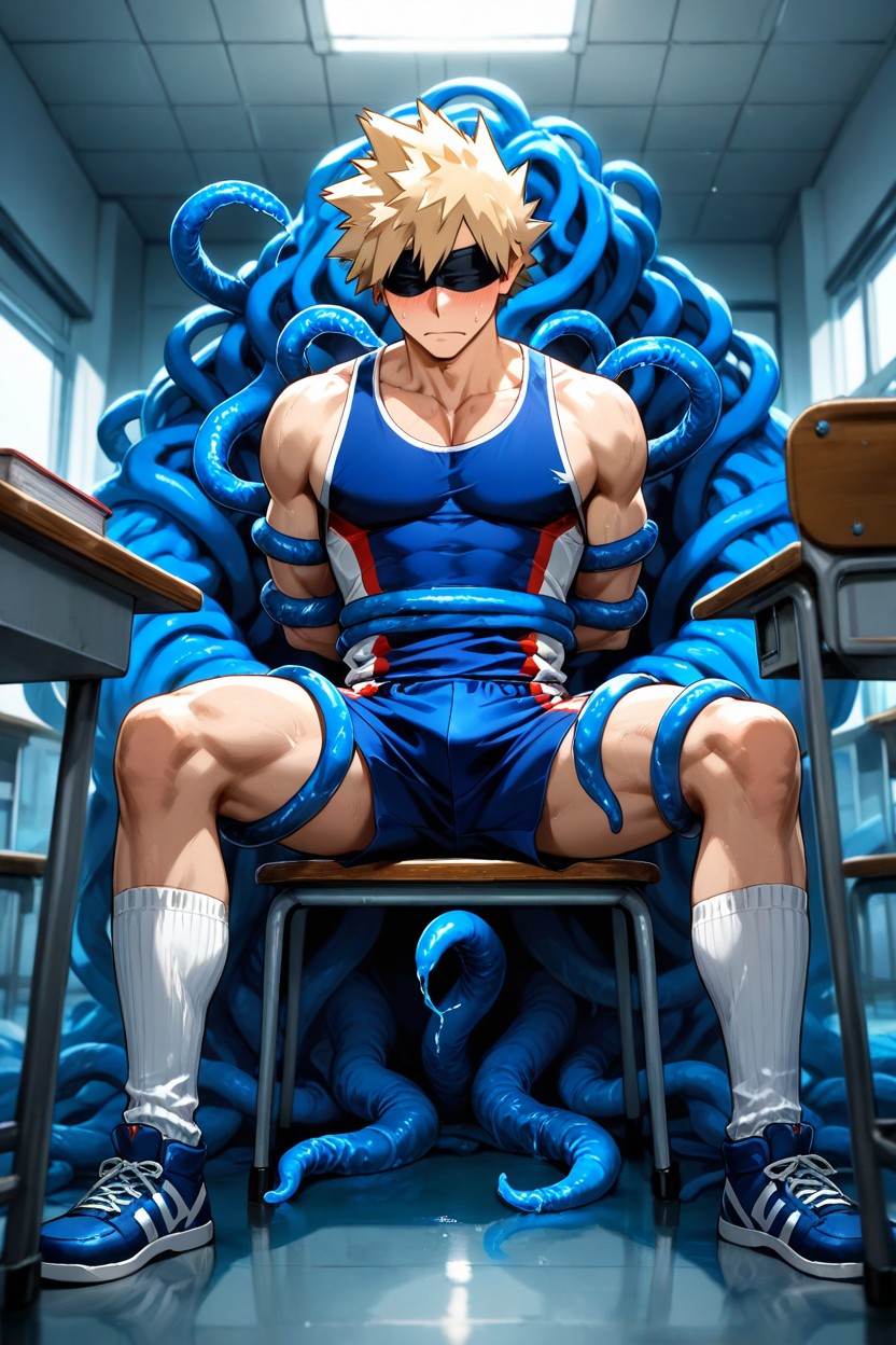 Legs Spread Out By Blue Tentacles, Blonde Hair, Messy AI Gay Porn