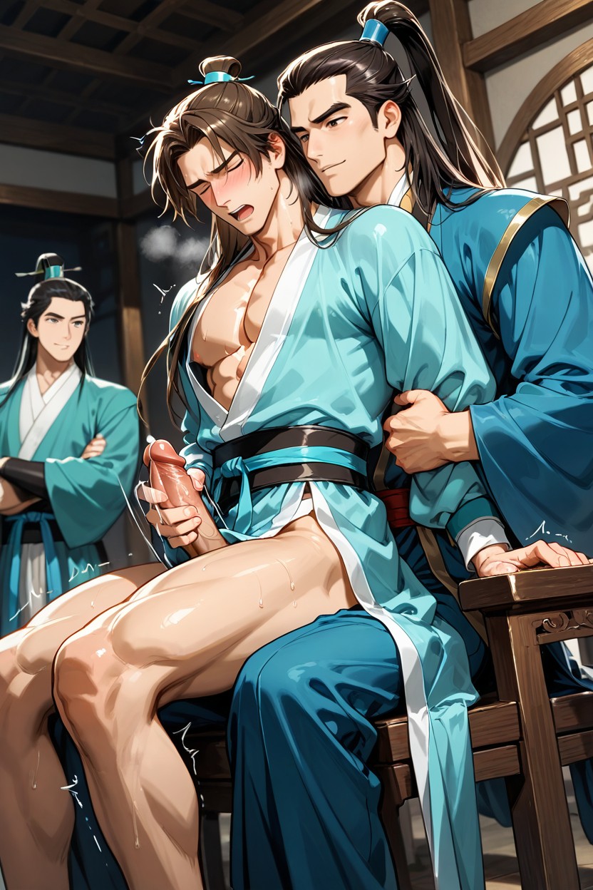 Chinese Prince Masturbated By Long Hair Man With Open Hanfu, Gay Sex, Messy Brown Hair AI Gay Porn