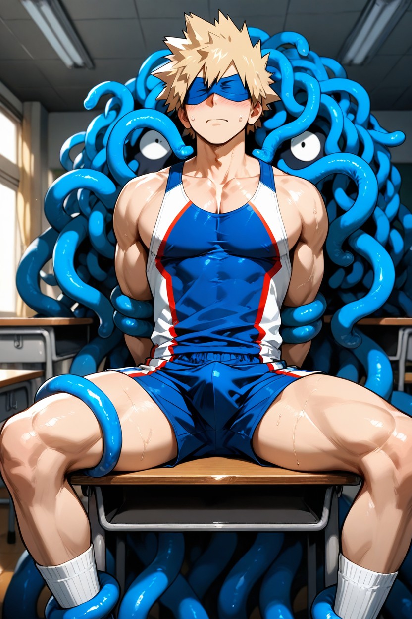 On College Desks, Blonde Hair, Blue Wrestling Singlet Porno gay IA