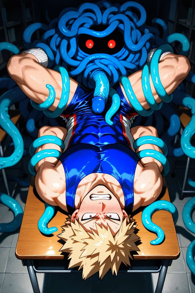 Messy, Legs Spread Out By Blue Tentacles, Blue Wrestling Singlet AI Gay Porn