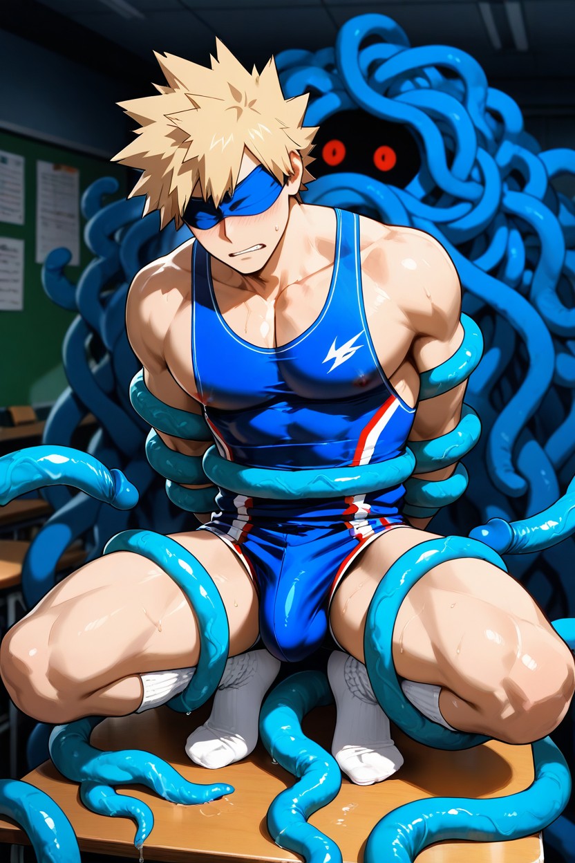 Long White Slouch Socks, Kneeling On College Desk, Blue Wrestling Singlet AI Gay Porn
