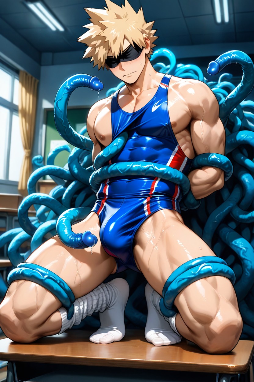 Squatting, Kneeling On College Desk, Arms Behind His Back AI Gay Porn