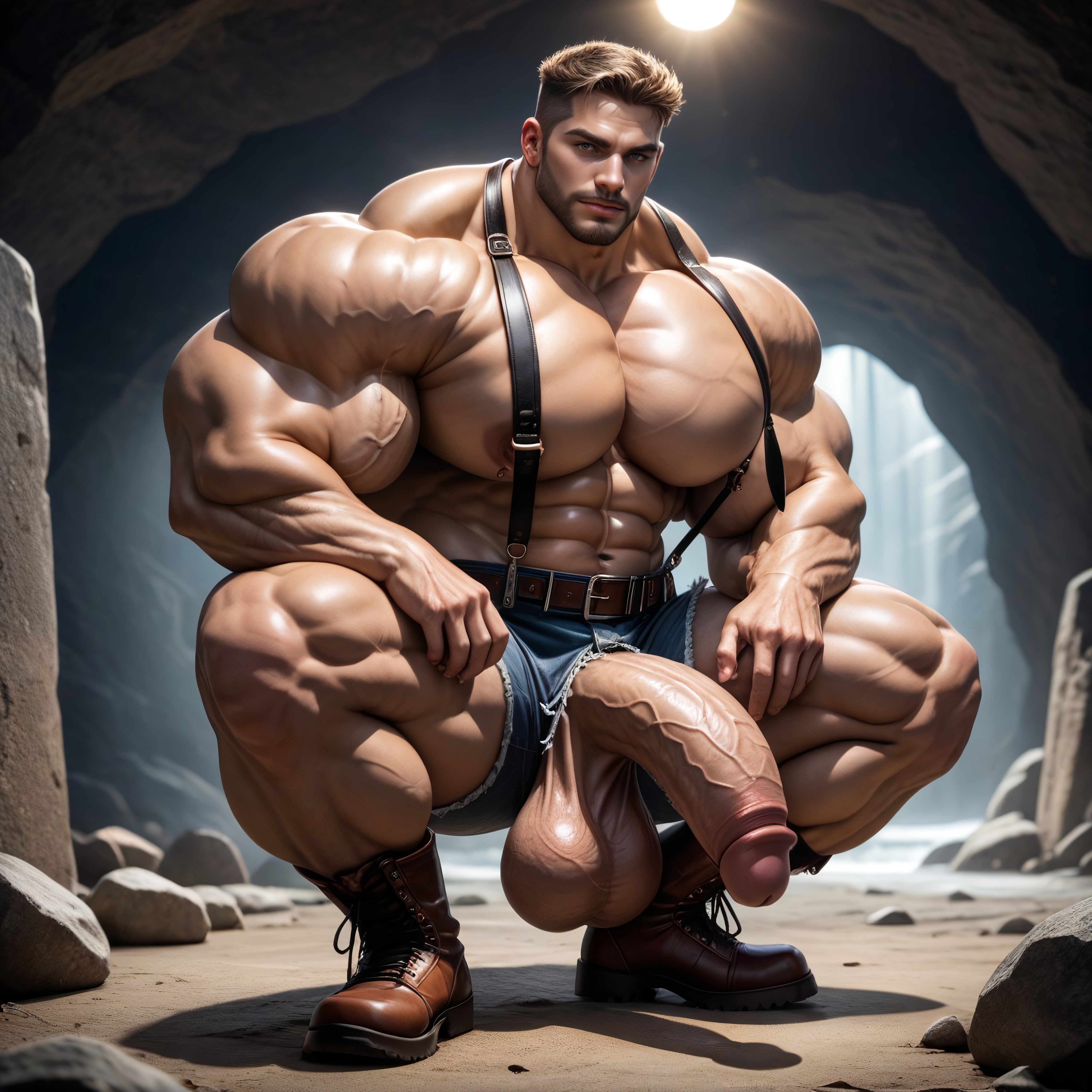 Oversized Gigantic Huge Heavy Testicles, Hard Shadow, Hyper-muscular AI Gay Porn