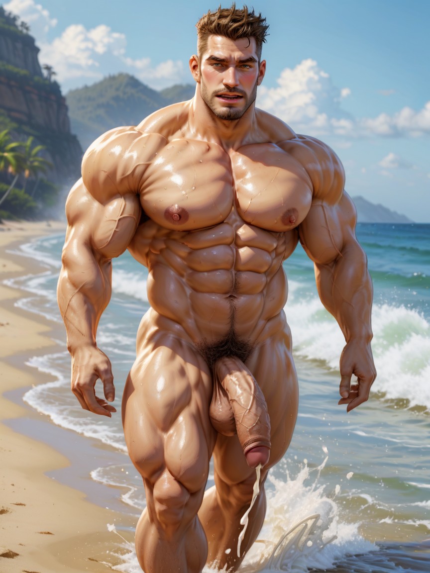 Messy Wavy Hair, Thick Line Outline, Hyper Handsome Square Jaw Male Bodybuilder AI Gay Porn