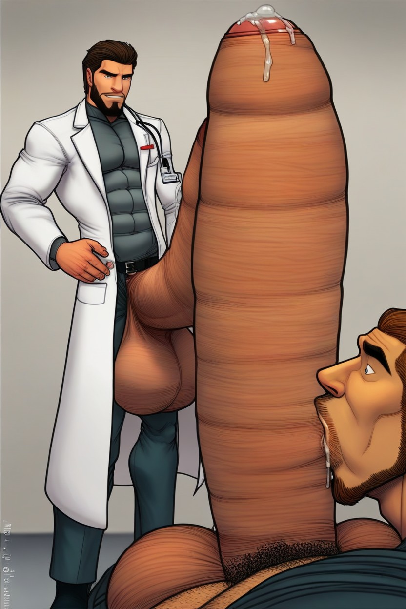 Doctor On His Knees Sucking A Harem Of Huge Hyper Thick And Long Cocks From Soldiers Standing Around Him, Disgusted, Looking At Penis AI Gay Porn