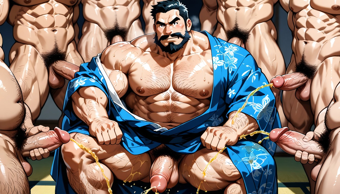 Masculine, Thick Eyebrows, Many Men Pissing AI Gay Porn