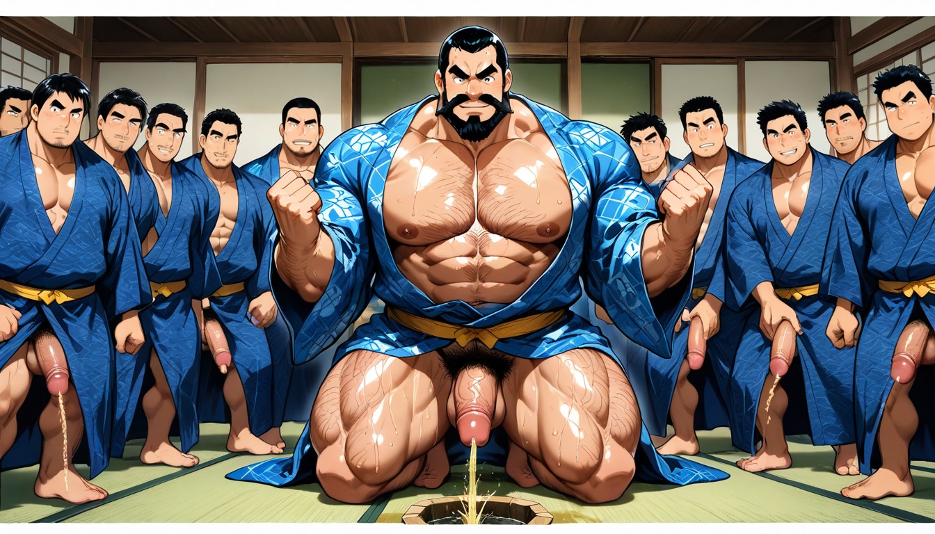 Hair, Many Men Wearing Blue Leaves Pattern Kimono, Pencil Drawing Style AI Gay Porn