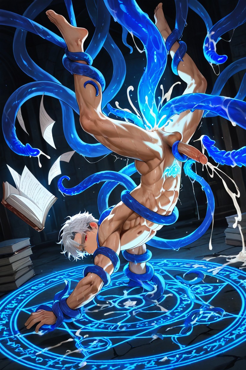 Eyes Half Closed, Side View, Blue Tentacles Coming Out Of The Magic Circle AI Gay Porn