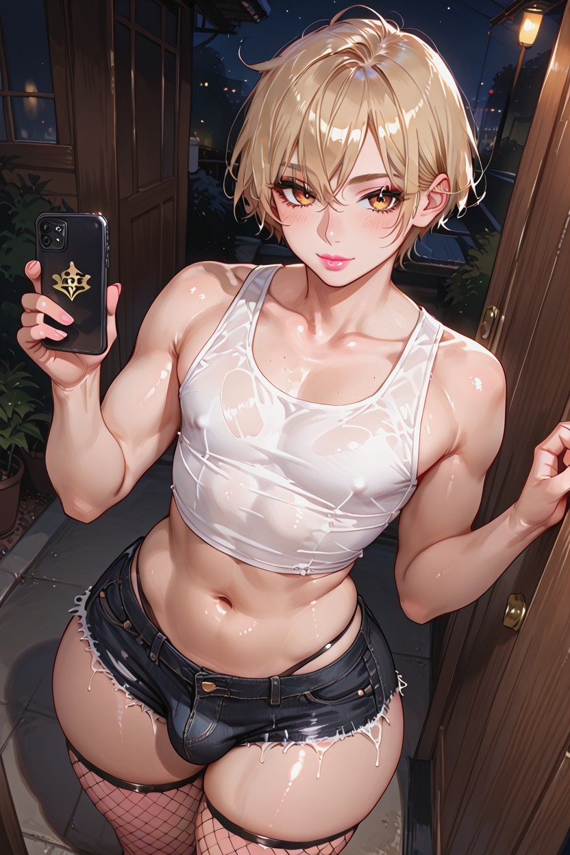 Outdoors, Oversized White Tank Top, Super Model Pose AI Gay Porn