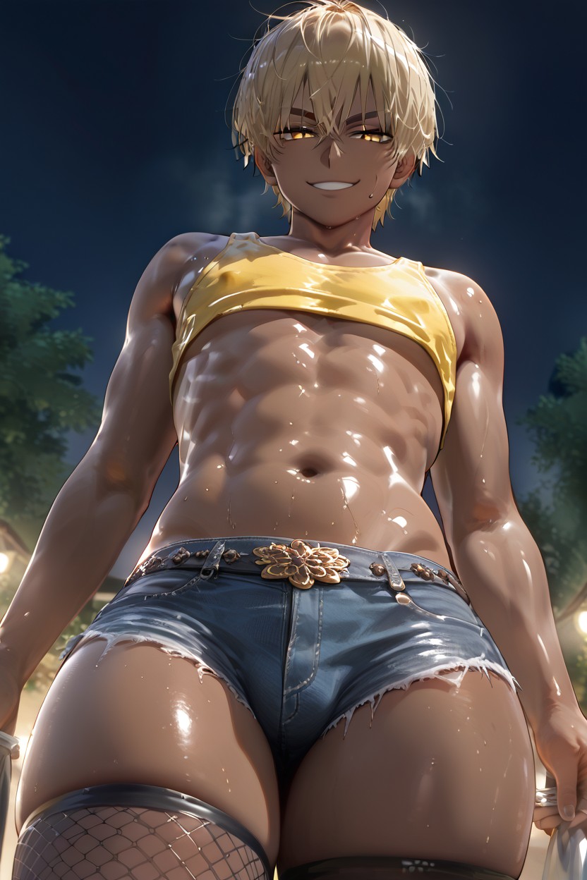 Dark Brown Skin, Night Time, Solo AI Gay Porn