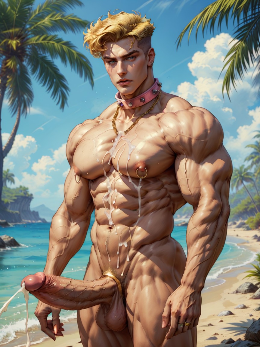 Nipple Piercings, On The Beach, Cum On Legs AI Gay Porn