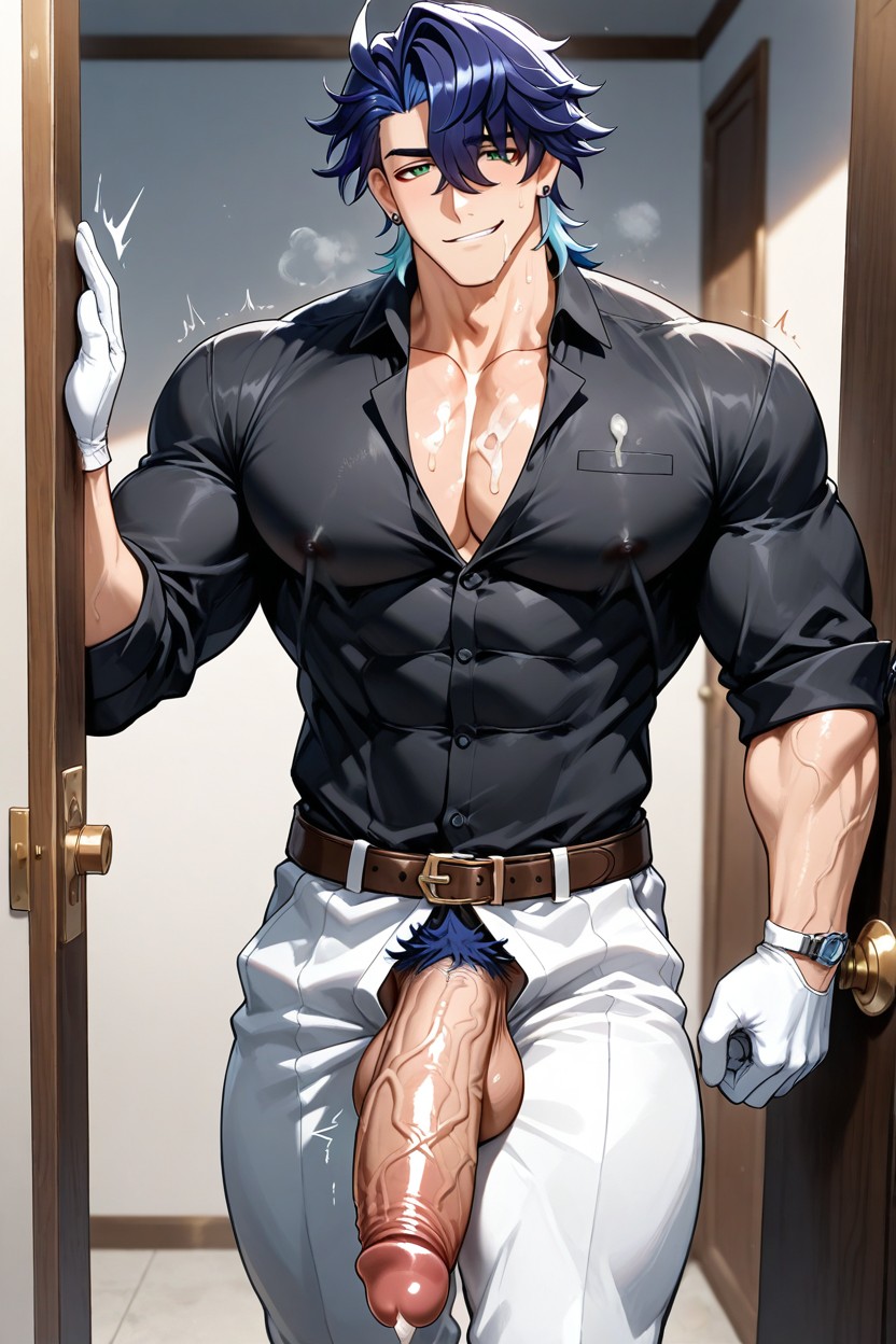 Thick Pubic Hair, Pectorals, Unbuckle His Leather Belt AI Gay Porn