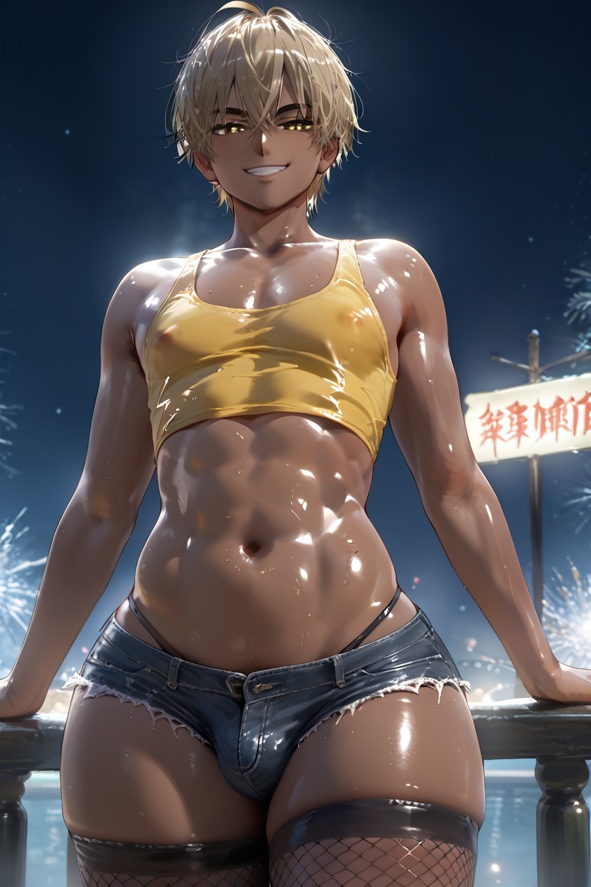 Standing, Very Short Hair, Oversized Yellow Tank Top AI Gay Porn