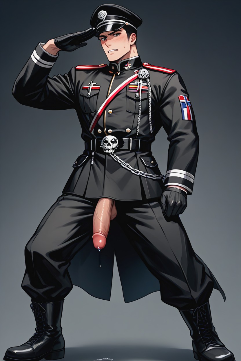 Sweating, Wearing A Peaked Cap With A Skull Emblem, Hard Penis AI Gay Porn