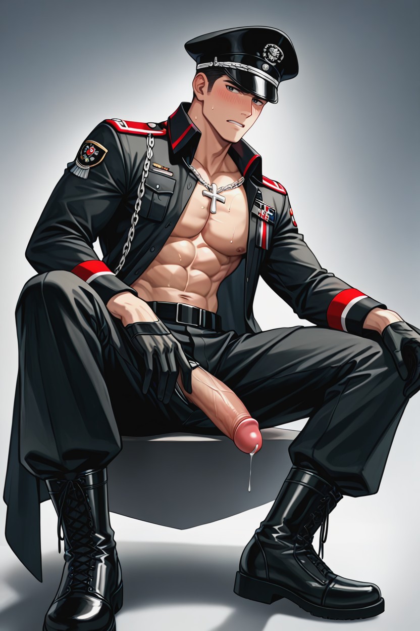 Serious Expression, Wearing A Peaked Cap With A Skull Emblem, Solo AI Gay Porn
