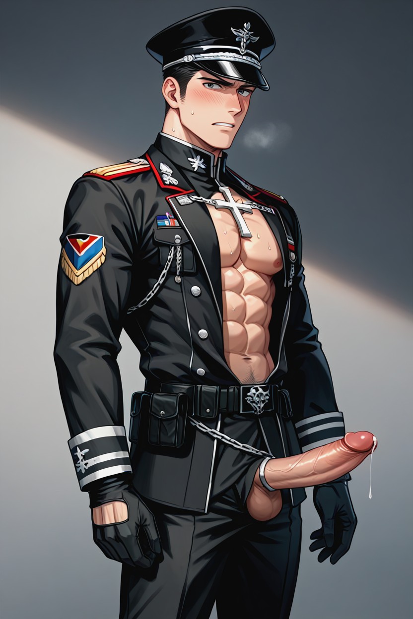 Medium Size Penis, Black Gothic Military Uniform, Long Sleeves AI Gay Porn