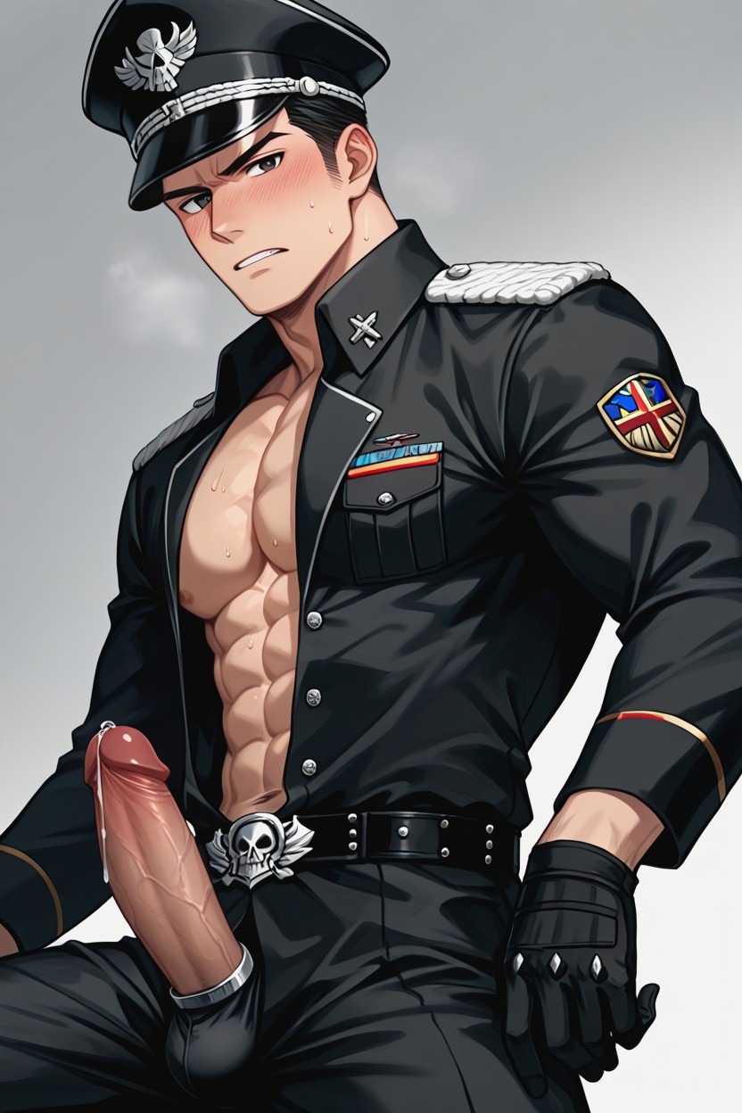 Muscular, One Man, Black Gothic Military Uniform AI Gay Porn