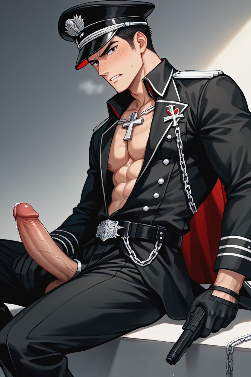 Open Shirt Showing Chest And Six-pack Abs, Erect Penis, Black Gothic Military Uniform AI Gay Porn
