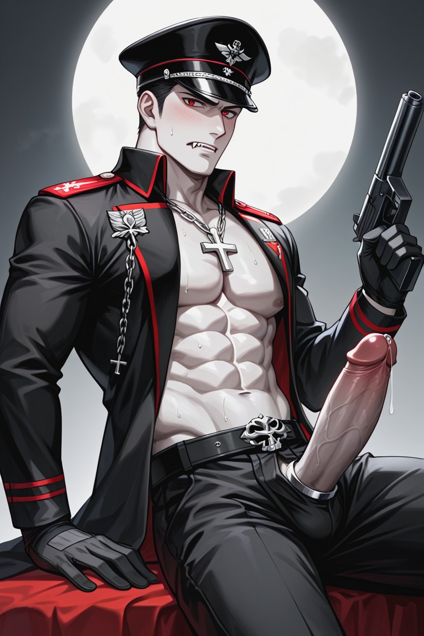 Sexy Seductive Pose, Precum, Closed Teeth Showing Vampire Fangs AI Gay Porn