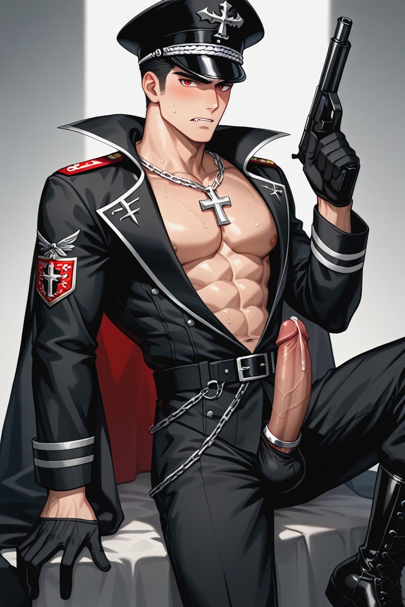 Holding A Gun, Hard Penis, Red Eyes AI Gay Porn