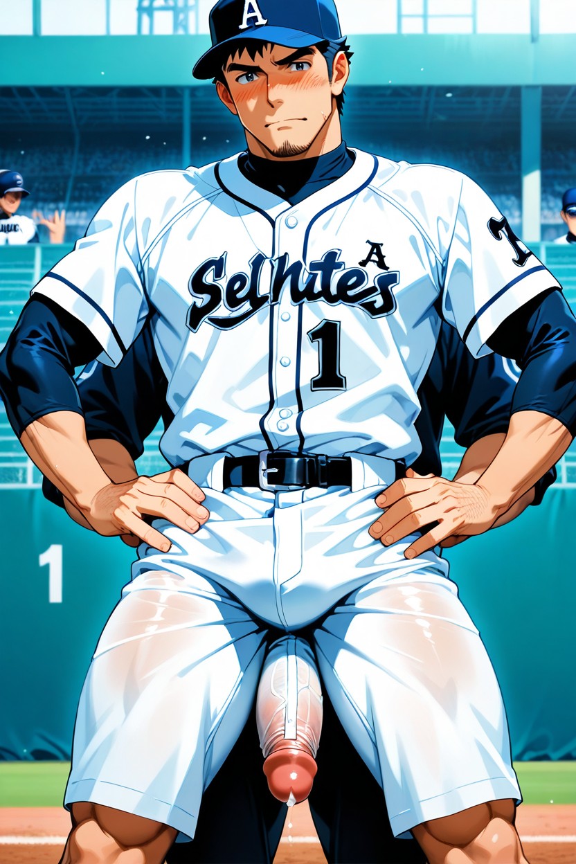 Thighjob, You Can See His Cock Rubbing The Baseball Players Thighs, Japanese AI Gay Porn