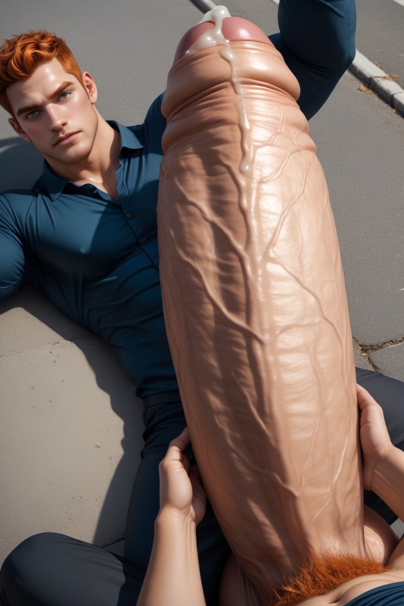 Many Men In In Background Are Watching, Ginger Pubes, Top Down Side View AI Gay Porn