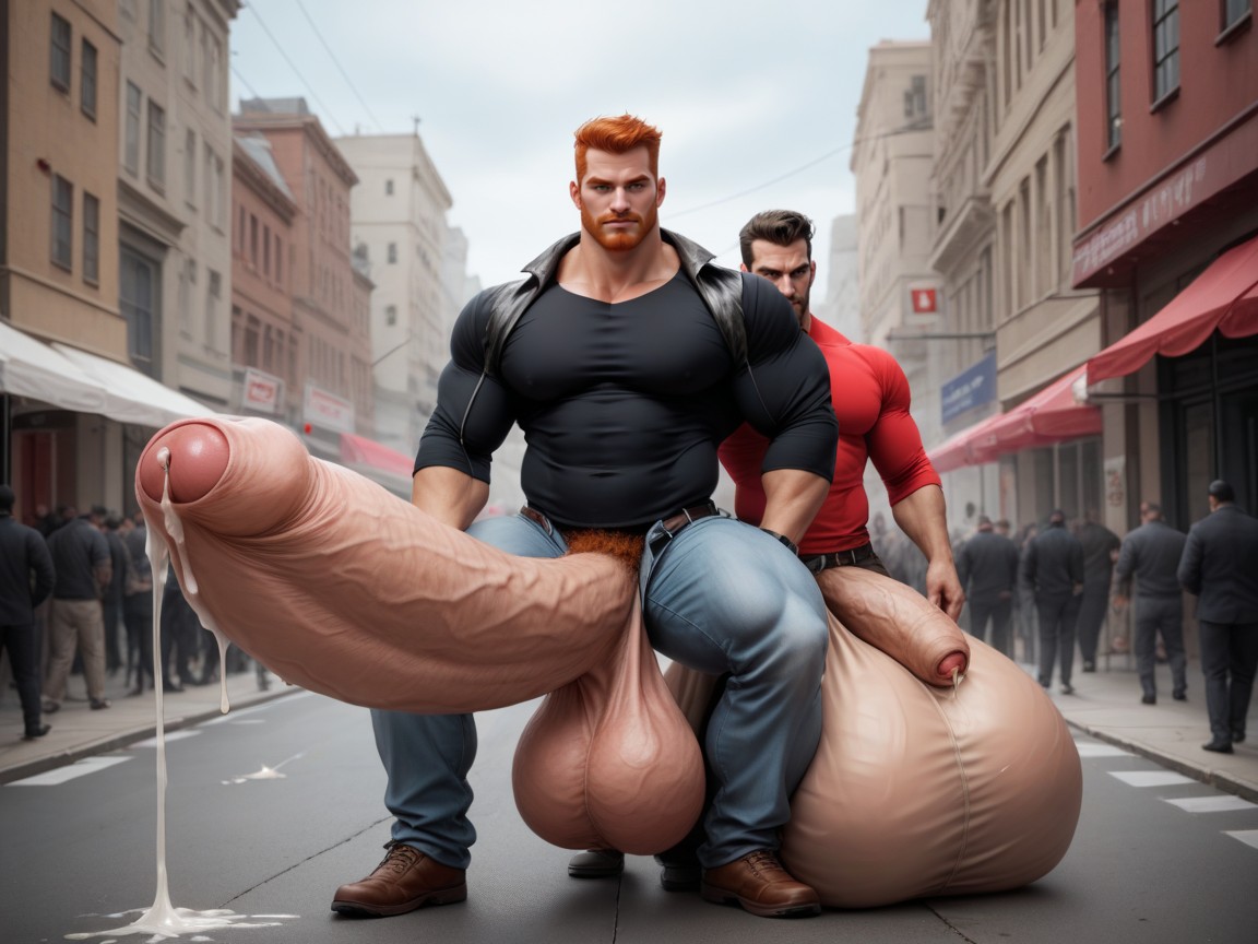 Correct Anatomy, Men With Outline Of Giant Hyper Cock Visible In Skintight Pants, Smooth Ginger Man AI Gay Porn