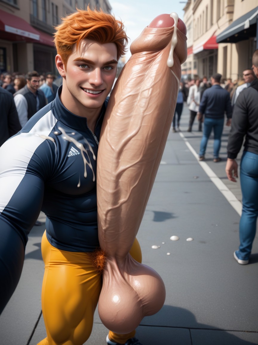 Penis Longer And Thicker Than Body, Smiling Mouth Open, Short Length AI Gay Porn