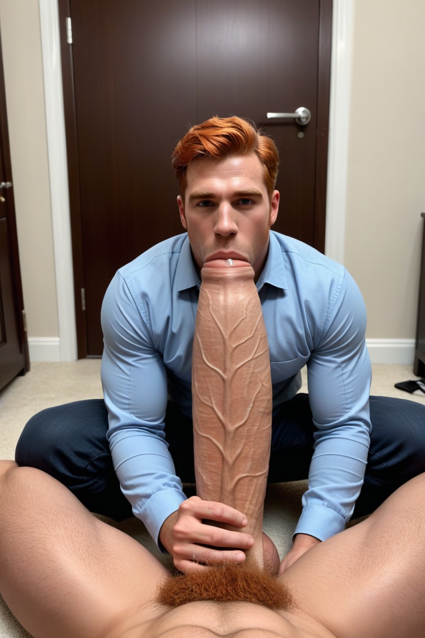Handsome Man Opens Door And Sees Them, Surprised Looking Down At Penis, Precum Dripping On Face AI Gay Porn