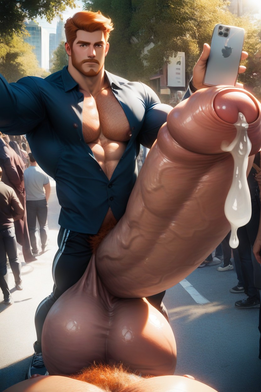 Top Down Side View, Precum Dripping On Face, Hyper Penis Next To Face AI Gay Porn