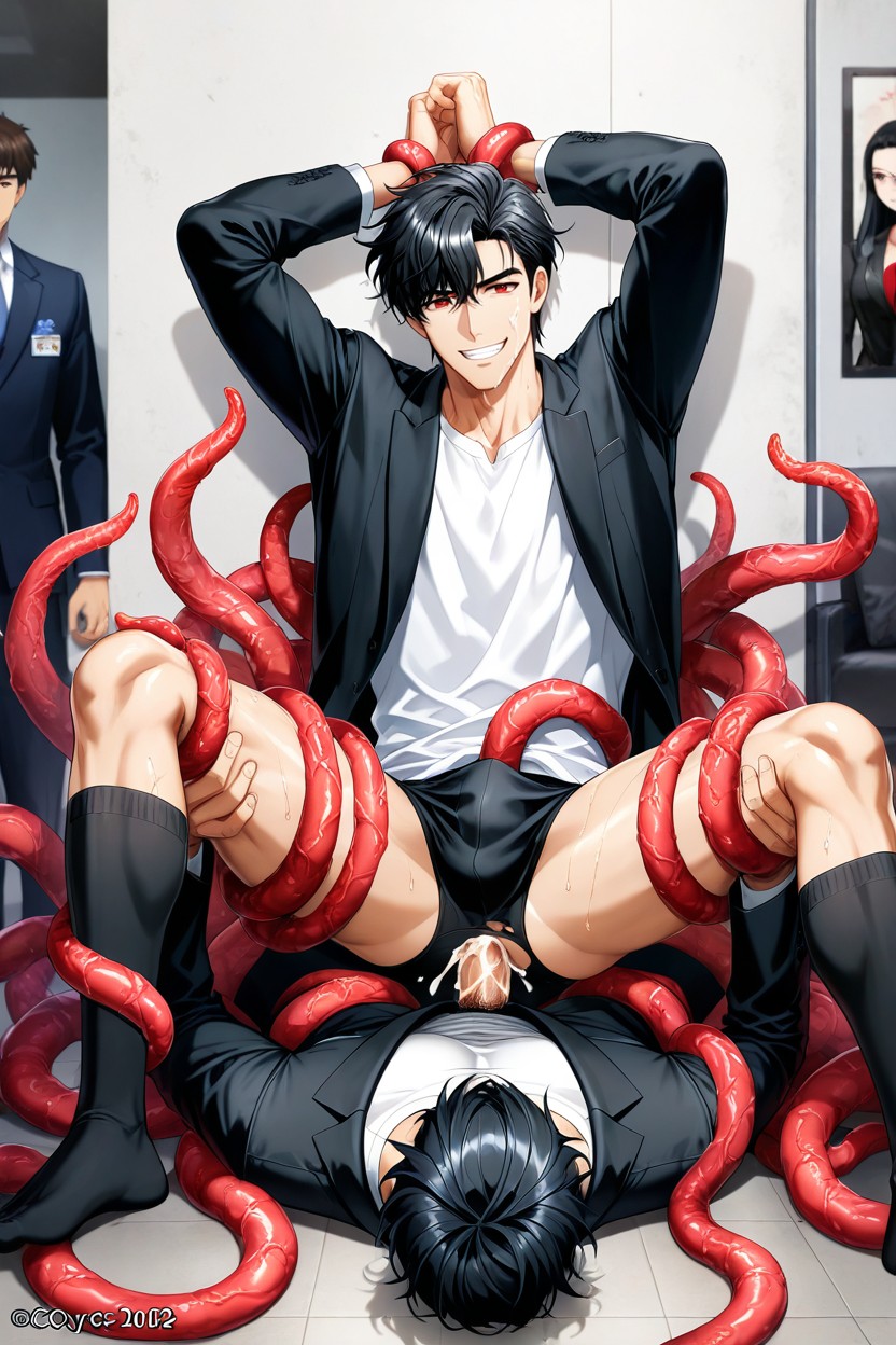 Smiling Mouth Open, Sitting On The Floor, Black Coat Over The Shirt AI Gay Porn